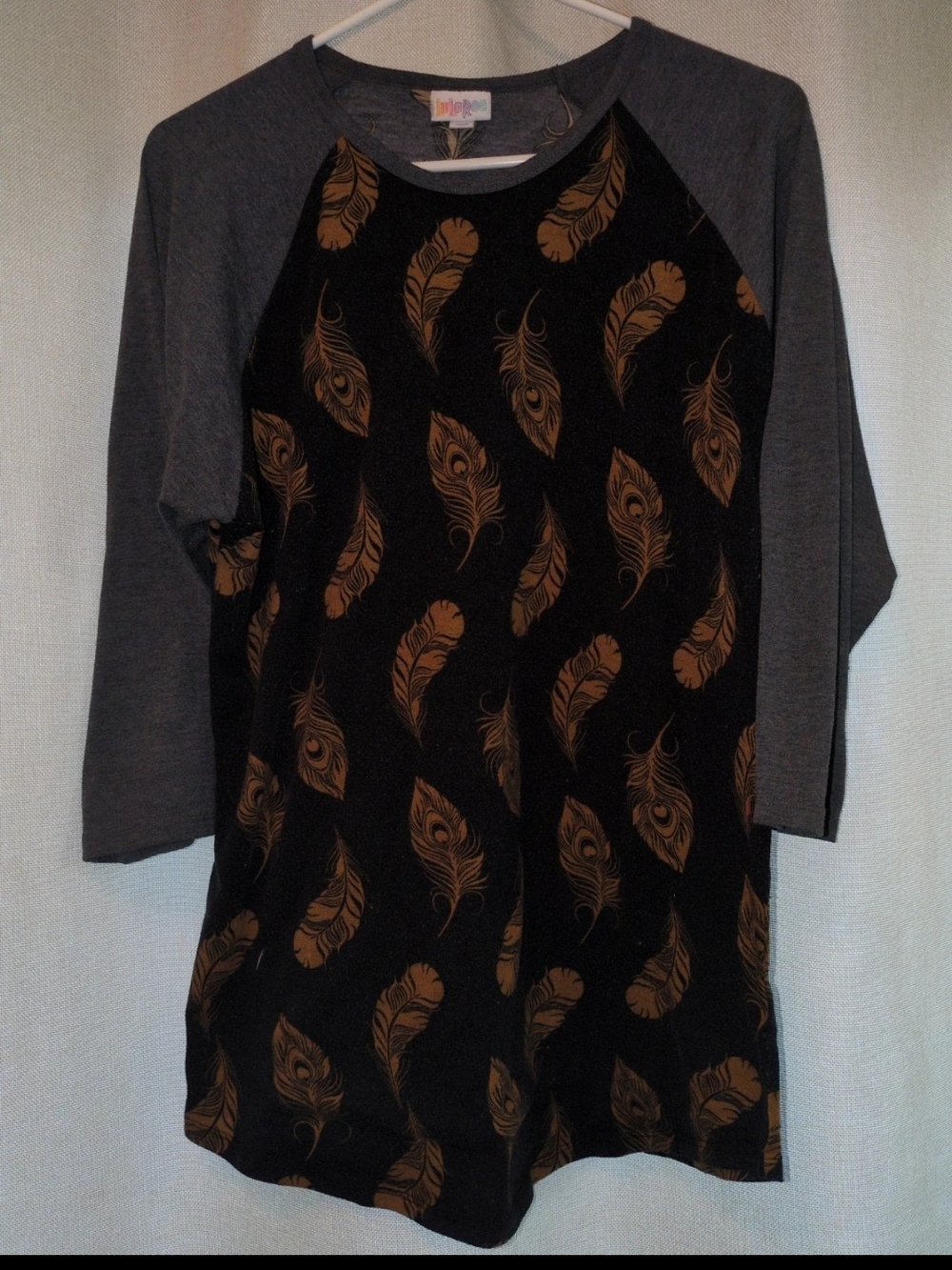 LuLaRoe Black Tunic with Brown Feather Print and Charcoal Sleeves